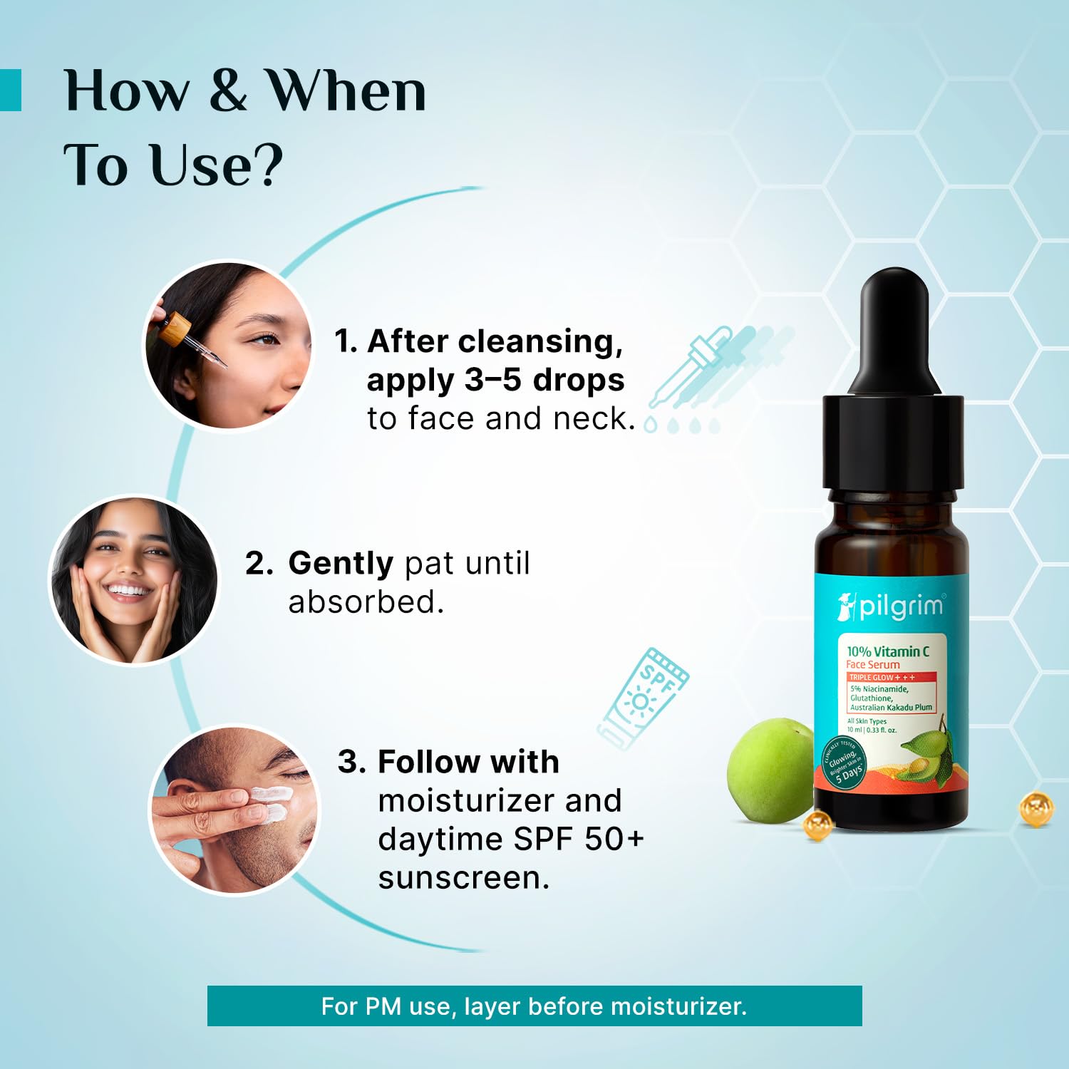 Pilgrim 10% Vitamin C Face Serum For Daily Brightness 10 ml | Face serum for glowing skin | Reduces Dark Spots & Evens Skin Tone | Fragrance Free | For Men and Women | All Skin Types | - Image 3