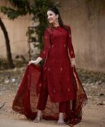 Anni Designer Pure Cotton Maroon Kurta Pant Set with Dupatta for Women | 3 Piece Gold Hand Block Printed Suit Set | Cotton Kurta Set for Women | Festive Kurti Set - Image 4