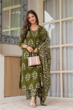 PARTHVI Women's Pure Cotton Printed Straight Kurta Set with Palazzo Pants & Dupatta- Ethnic Wear, Green - Image 5