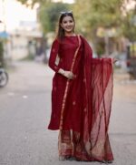 Anni Designer Pure Cotton Maroon Kurta Pant Set with Dupatta for Women | 3 Piece Gold Hand Block Printed Suit Set | Cotton Kurta Set for Women | Festive Kurti Set - Image 2