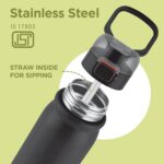 MILTON Reva 1000 ISI Certified Stainless Steel Water Bottle with Twin Lid Sip or Gulp, 1 Litre | Single Wall, BPA-Free, Leakproof | Sturdy Handle | Ideal for Home, Office, Gym & Travel, Black - Image 2